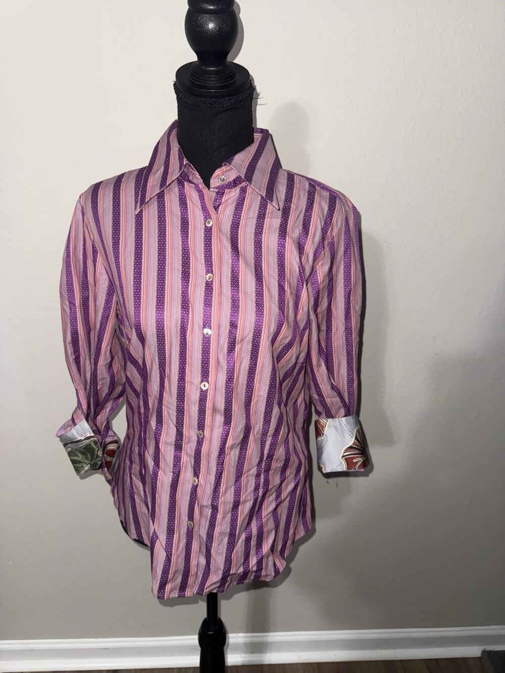 ROBERT GRAHAM Shirt Womens MD Striped Button Front Floral Flip Cuff Cotton Pink